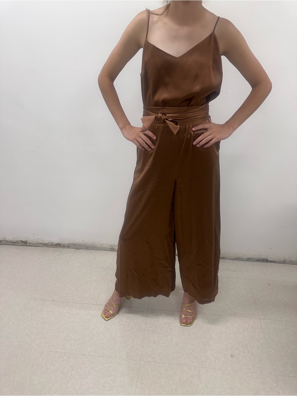 Club Monaco Satin Wide-Leg Jumpsuit in Chestnut Brown